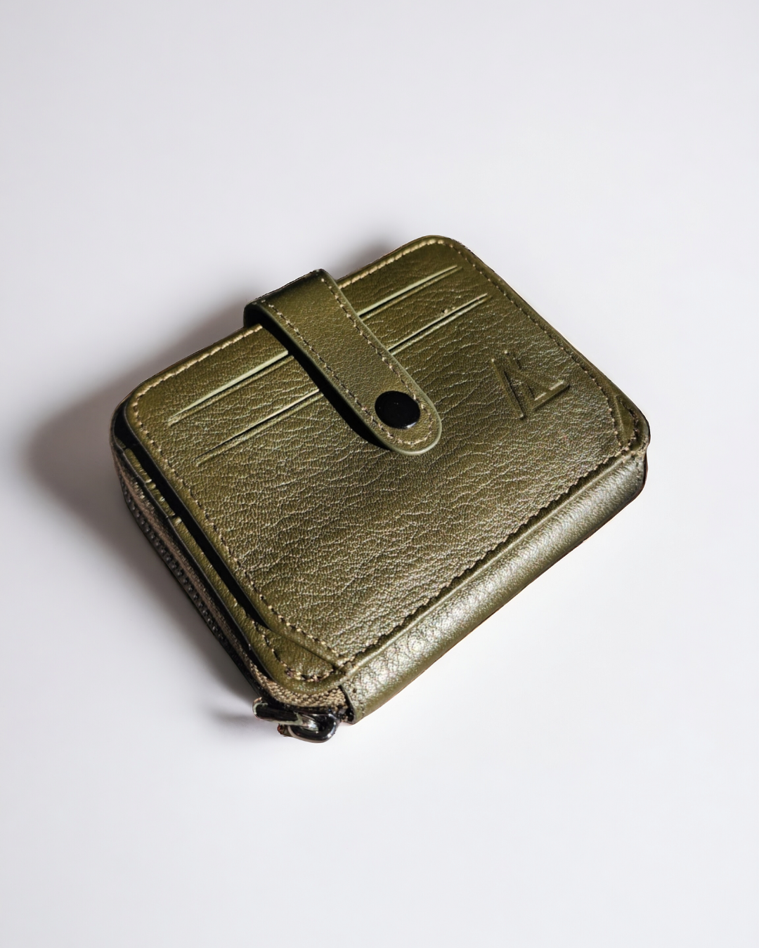 Cash, Card, and Coin Wallet with Button – Olive Green - Ali Leather
